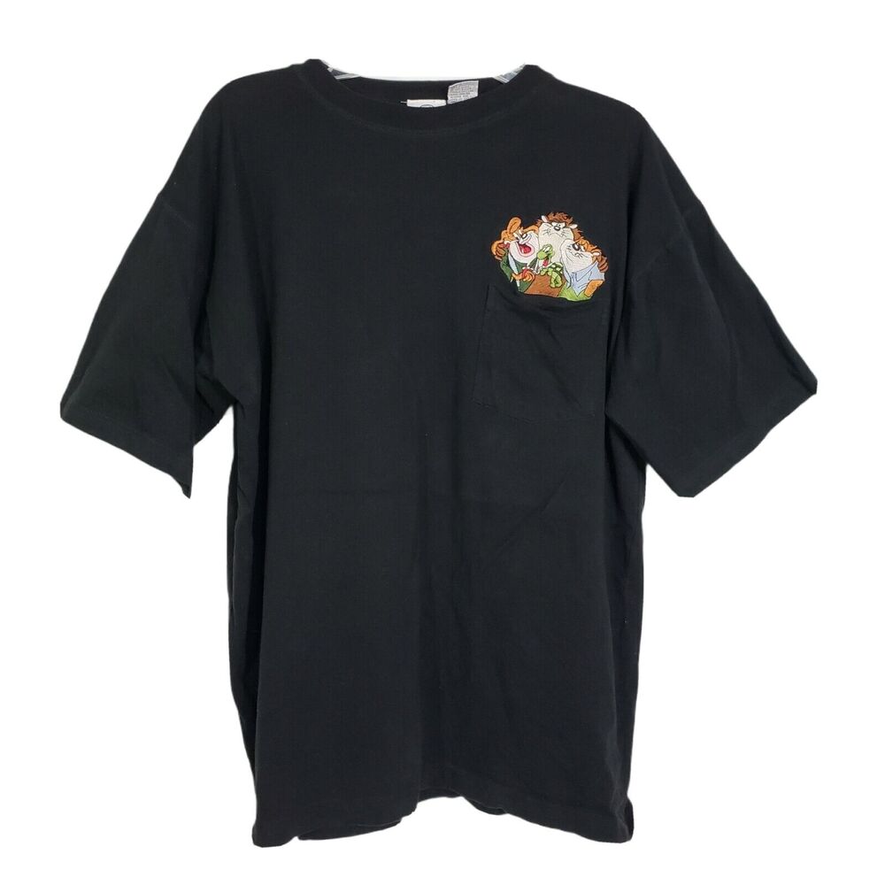 VTG 90s ACME Clothing T Shirt Large Looney Tunes Embroidered Pocket Taz Black